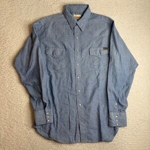 70s Sears Roebucks Western Wear Blue Chambray Pearl Snap Shirt X-Tall Large
